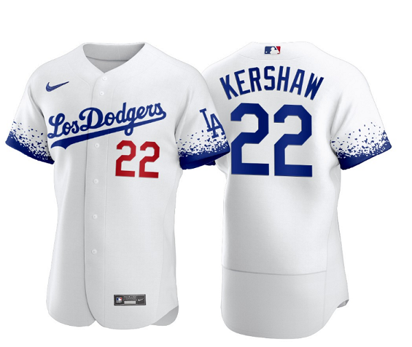 Men's Los Angeles Dodgers #22 Clayton Kershaw 2021 White City Connect Flex Base Stitched Baseball Jersey Men's Los Angeles Dodgers #22 Clayton Kershaw 2021 White City Connect Flex Base Stitched Baseball Jersey